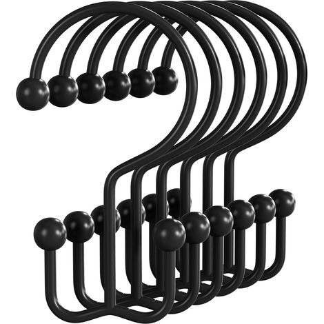 Lot de 12 crochets de rideau de douche noir mat - Modèle à double crochet, anneaux de rideau de douche en métal antirouille pour tringle à rideau de salle de bain (1/5)