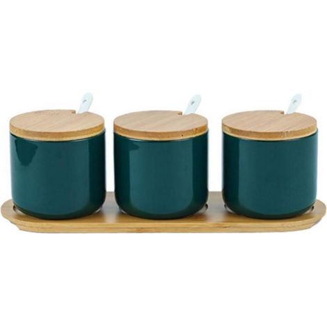 Gewürzdosen Keramik Salztopf Zuckerdose Bambusdeckel Grün 3er Set (1/5)