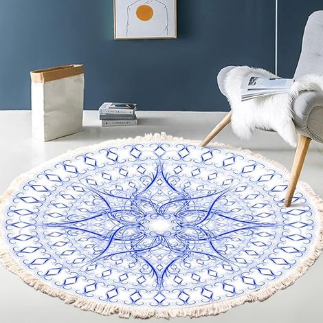 Flachgewebeteppich mit Quasten Rund Retro Böhmen Baumwolle Gewebte Teppiche Waschbar für Wohnzimmer, Schlafzimmer, Küche, Kinderzimmer, Badezimmer (Kunstblume,90cm)