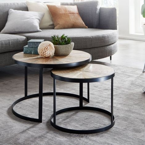Lot de 2 tables gigognes rondes 60 et 45 cm en acacia massif et fer (1/5)