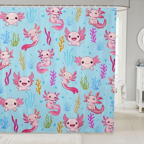 Rideau Douche 180x210cm Axolotl Mignon Rideaux de Douche Animal Océanique Bleu Rideau de Baignoire Algue Corail Rideaux Salle de Bain Faune Monde sous Marin - 180L X 210H cm (1 Panneaux) (1/5)