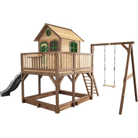 Axi Liam Maison Enfant Avec Bac À Sable, Balançoire & Toboggan Gris Aire De Jeux Pour L'Extérieur En Marron & Vert Maisonnette / Cabane De Jeu En Bois Fsc