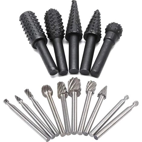 Lot de 5 fraises à râpe rotatives en forme de burin, tête de meulage en relief et 10 pièces de tige de 1/8" HSS pour fraises à bois (1/5)