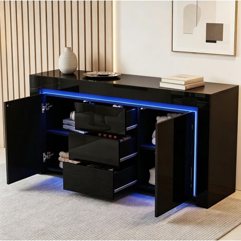 Credenza da soggiorno 140x40x65 cm, 2 ante e 3 cassetti, LED, frontale lucida, MDF nero (1/5)