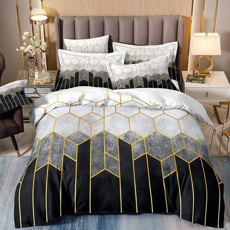 Bettwäsche-Set 220x240 cm mit 2 Kissenbezügen 80x80 cm, Mikrofaser, geometrisches Design, Schwarz-Weiß