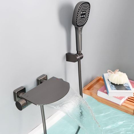 Robinet de Baignoire avec Douchette, Mitigeur Baignoire Cascade, Mitigeur Bain Douche Mural, Laiton, Gris, 16Y7OK (1/5)