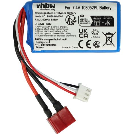 vhbw batteria con T-System AWG16 per modellismo per es. macchine da corsa, elicotteri, aerei (1200mAh, 7,4V, Li-Poly, 58 x 31 x 19 mm) (1/4)