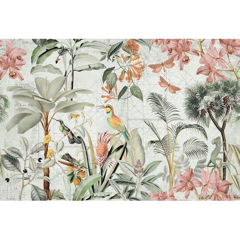 Papier peint panoramique tropical pastel Tapisserie panoramique jungle verte & beige Papier peint panoramique salle de bain exotique avec oiseaux (1/2)