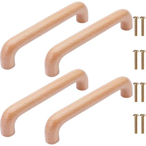 4 Stück Holzmöbelgriffe, Tür- und Schubladenknöpfe, Buchenholz-Schrankgriffe für Küche, Kleiderschrank, Kommode (Gesamtlänge 145 mm, Holzfarbe) (1/5)
