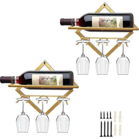 Set aus 2 Wandregalen für Weinflaschen aus Metall, 26,7 x 26,7 cm, ideal für Zuhause, Küche oder Bar. Goldfarbener Weinglashalter. (1/5)