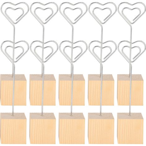 Lot de 10 Porte-Photo Pinces Métalliques avec Socle en Bois Massif, Support pour Cartes Notes et Messages (1/5)