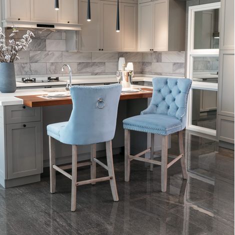 Silla bar tapizada con respaldo alto madera azul claro OKMYHOME (1/5)