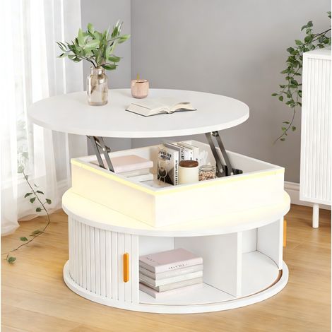 Table basse relevable ronde 75 cm avec LED, rangement, blanche HAVRYA (1/5)