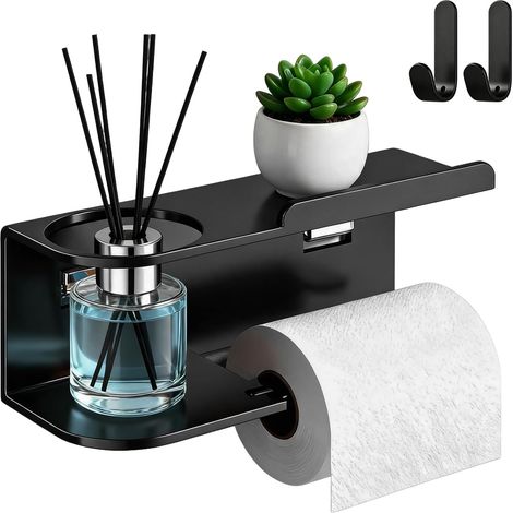 Support Papier Toilette Mural 2 Crochets Inclus Acier Au Carbone Inoxydable AdhéRence ExtrêMement Forte Porte Papier Toilette sans Percage avec Tablette Noir (1/5)