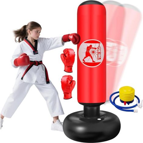 Sac de Boxe pour Enfants 6 à 12 Ans, 160cm Gonflable Sac de Frappe sur Pied, Sac de Boxe Set de Formation avec Gants, Cadeau Parfait pour Garçons et Filles pour Karaté, Taekwondo