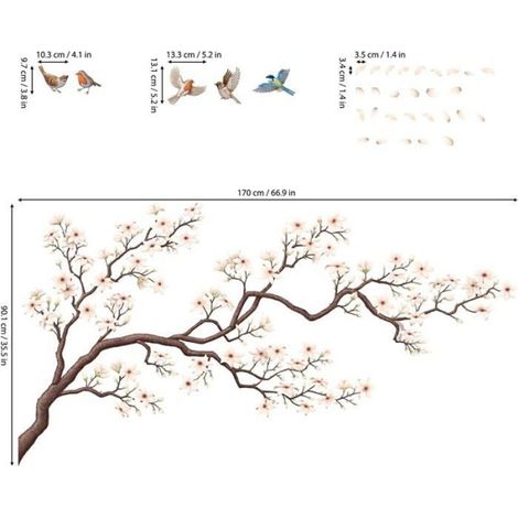 Sticker Mural - Fleur Arbre Oriental - Décoration Pépinière Chambre Enfant - 4 Feuilles 90 x 30 cm - Blanc (1/5)