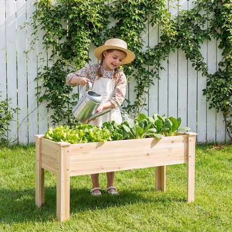 Bac potager surélevé en bois naturel avec pieds, capacité 80 kg et trous de drainage pour terrasse, balcon et jardin (1/5)