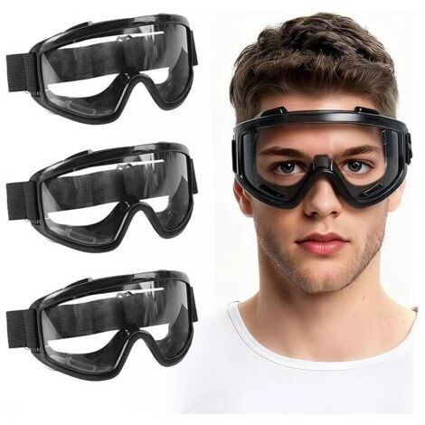 QORVA-Lot de 3 Lunette Protection, Lunettes de Protection Anti-buée, Lunettes de Sécurité Anti-rayures, Aérées, Bandeau Réglable, pour Bricolage, Travaux, Laboratoire et Porteurs de Lunettes (1/5)