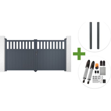 Portail battant 3m SANTIS H.160cm aluminium gris + 2 poteaux ELDA aluminium gris 15x15cm + motorisation Tanker B700 (1/5)