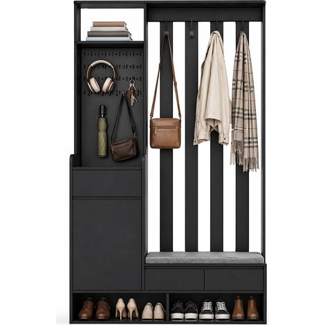 Vestiaire d'entrée avec banc rembourré, panneau perforé, 4 crochets, armoire et tiroir, meuble d'entrée noir en MDF, H180 x L100 x P35 cm - CHICFURN (1/5)