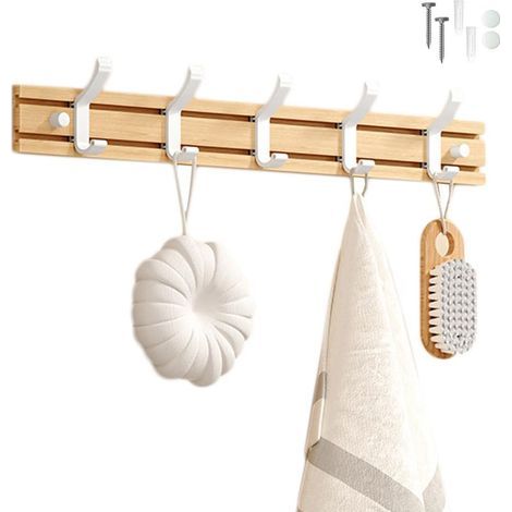 Bamboo Coat Rack Wall Mounted, 5 Hooks for Hanging Clothes, Bathrobes, Towels, Coats Wall Hook for Entryway, Bedroom, Bathroom (White-5 Hooks) (1/5)