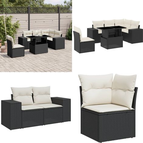 Salon de jardin 6 pcs avec coussins noir résine tressée - Ensemble Salon De Jardin - Meuble Extérieur - Jardin Design - Mobilier Résistant Aux Intempéries - Chaise Lounge - Home & Living (1/5)