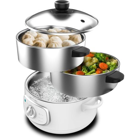 Cuiseur à Vapeur électrique Vapovita 3000 INOX, 3 paniers indépendants, Bol de Cuisson du Riz, Supports de Cuisson des œufs, Minuterie de 60 minutes, 2 Entrées d'Eau Latérales, Gris, 800 W (1/5)