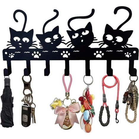 Metall-Wandanhänger – Dekorativer Haken – Aufbewahrungsmöglichkeit für Zuhause – Kreatives Katzenmotiv – 7 Haken – Schwarz (1/5)