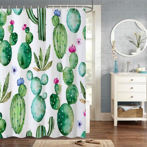 140x180cm Tropical Les Plantes Rideau De Douche Aquarelle Cactus et Épanouissement Fleurs Rouges Rideau De Douche pour Salle De Bain Tissu Polyester Imperméable Ensemble avec Crochets (1/5)