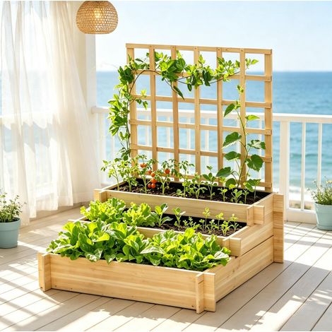 Potager surélevé à 3 niveaux avec treillis, jardinière en bois clair pour légumes, fleurs et plantes aromatiques, drainage optimisé pour le jardin – CHICFURN (1/5)