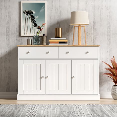 Buffet 120x36x80.5 cm blanc et bois en panneaux de particules avec 3 portes, 2 tiroirs et relief texturé (1/5)