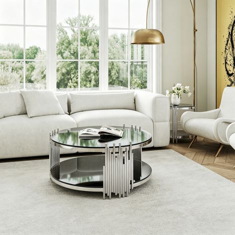 Table basse verre noir 80cm double plateau,base acier argenté design luxueux. Table centrale élégante pour salon et bureau.