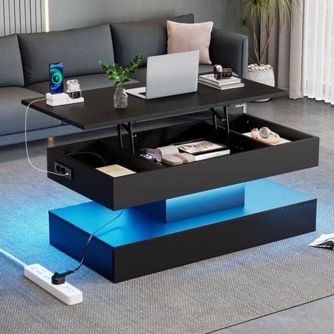Tavolino 100x50x42 cm nero con LED, vano nascosto, truciolare, MEUBLIV (1/5)