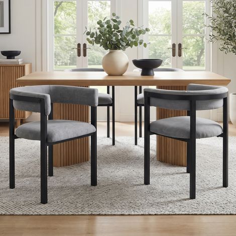 Set de 6 sillas de comedor grises tapizadas en tela, con respaldo semicircular envolvente y estructura de metal, para salón, cocina o restaurante  CHICFURN (1/5)