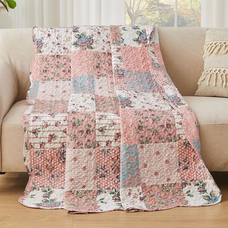 Couvre-lit Patchwork de Style américain à Motif Floral, Couvre-lit matelassé en Polyester léger et Respirant, Couverture matelassée (Rose, 150x200cm) (1/5)