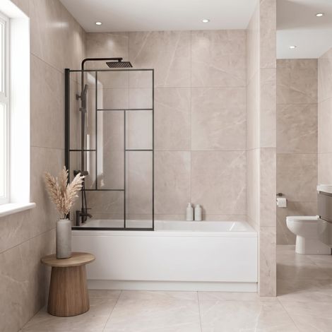 Aquari 800 x 1400mm Bath Shower Screen Door Hinged Framed Black Abstract Grid Square 6mm Glass Panel (1/5)