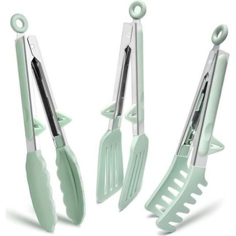 Pinces de cuisine vertes - Acier inoxydable - Lot de 3 - 23 cm - Silicone - Vertes (1/4)