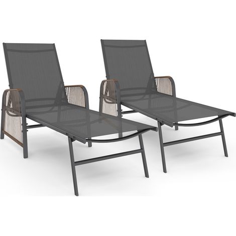 Idmarket – Transats de jardin inclinables – Lot de 2 – Structure en acier gris anthracite – Toile textilène résistante aux UV – Accoudoirs en cordage effet rotin