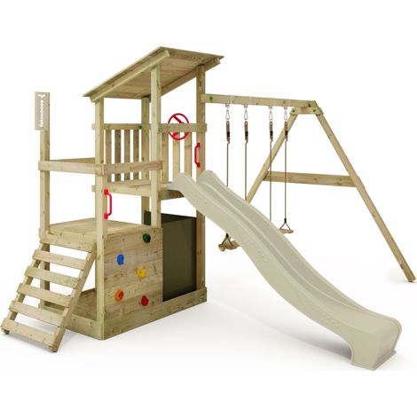 Fatmoose FruityForest Fun wooden play tower with swing and slide in sage green