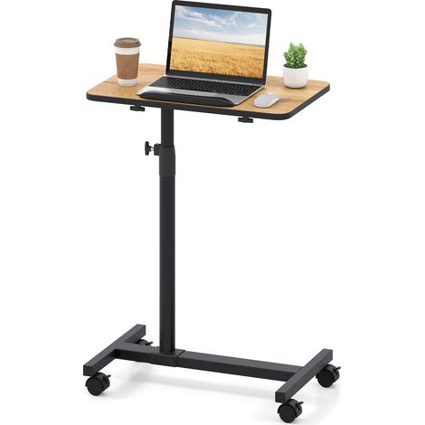 COSTWAY Overbed Table Tilting Bedside Table w/ Lockable Wheels-Brown (1/5)