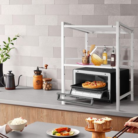 Etagere Micro-Ondes Extensible,Étagère Multifonction,Meuble Rangement Cuisine Longeur Réglable 40 - 64cm,2 Niveaux ,blanc (1/5)