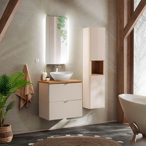 Conjunto de muebles con lavabo individual 60cm y columna Manoa Cachemira y madera (1/4)