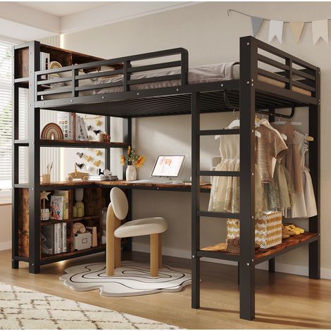 Lit mezzanine enfant 90x200cm avec bureau, penderie, étagères et rangements, structure stable, métal MDF - noir (1/5)