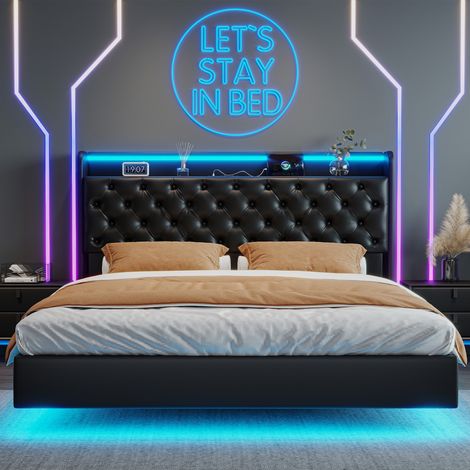 Letto contenitore 160x200 cm per camera da letto adulta e ragazzi - Letto sospeso imbottito con LED, porte USB/Type-C e vano nascosto - PU e metallo - Nero