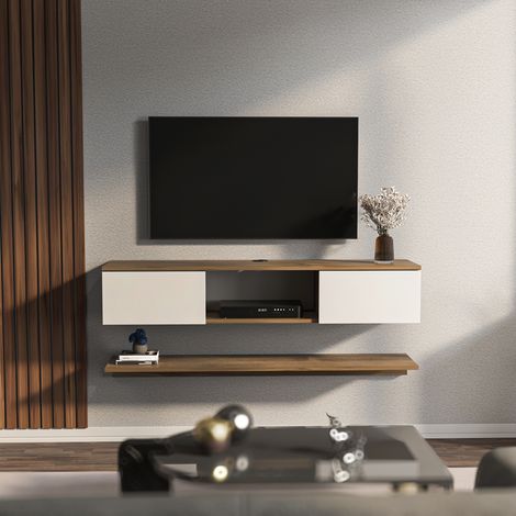 Meuble tv mural elia flottant 140 cm - armoires - passe-cable - étagère murale incluse (noyer et blanc) (1/5)
