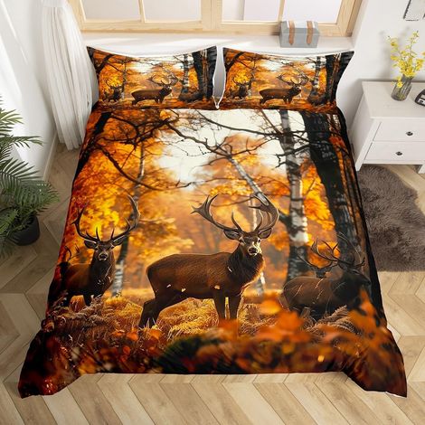 Deer Print Duvet Cover 200 x 200 cm Bedding Set for Forest Animals for Teens Brown Yellow Bedding Set Jungle Elk for Children Decorated Bedroom (1/5)