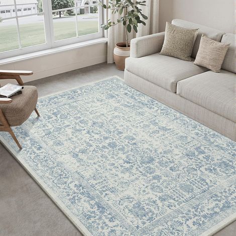 Vintage Tapis Salon 150x210cm Bleu Lavable en Machine Rug Chambre Adulte Grand Rugs,Descente de Lit, AntidéRapant Carpet,Interieur Doux Poil Ras,Salle a Manger Carpets,Bureau (1/5)