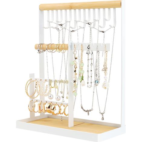 Espositore per gioielli, espositore per catene di gioielli, espositore per gioielli a 4 livelli, espositore per orecchini con base in legno, espositore per gioielli da donna per collane, orecchini, an