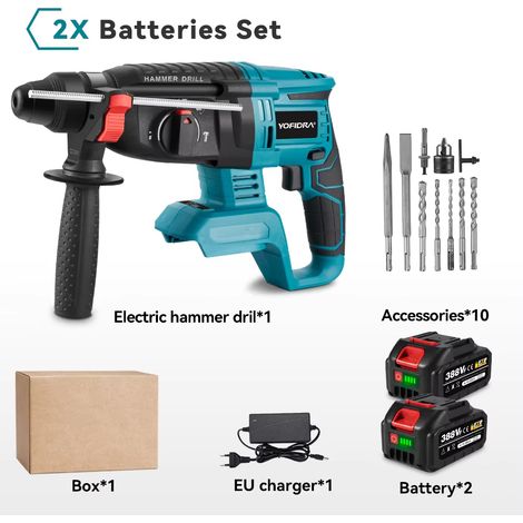 Perforateur burineur sans fil 26mm SDS Plus Brushless compatible Makita 18V – 2 batteries 10 accessoires emballage carton (1/5)