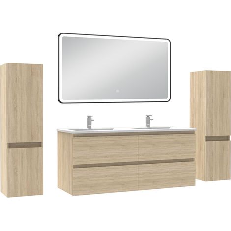 Ocean Meubles Salle de Bain 120cm avec colonne + miroir lumineux 3 couleurs Chêne Wotan